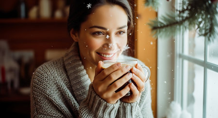 beautiful smiling woman in sweater holding cup of coffee and falling snowの素材
