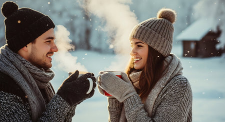 Couple in warm clothing drinking hot tea and smoking cigarette outdoor in winterの素材