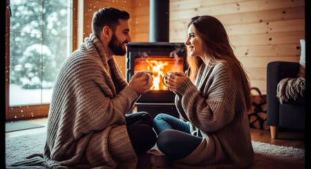 Beautiful young couple in warm sweaters sitting on the floor near the fireplace and drinking tea at homeの素材