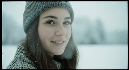 Portrait of a beautiful girl in a gray sweater and a gray hat on a background of a winter landscapeの素材