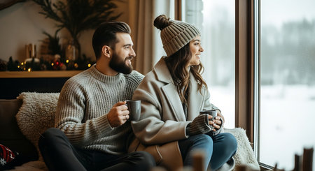 Couple sitting on the windowsill and drinking coffee. Man and woman in warm sweaters and hatsの素材