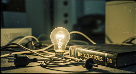 An old book with a light bulb and a power cable on the tableの素材
