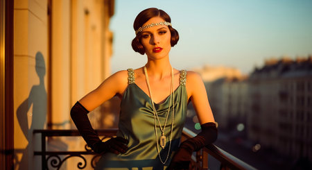 Portrait of beautiful young woman in evening dress on the balcony.の素材