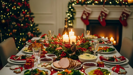 Christmas dinner table with christmas tree, presents and candles in the backgroundの素材