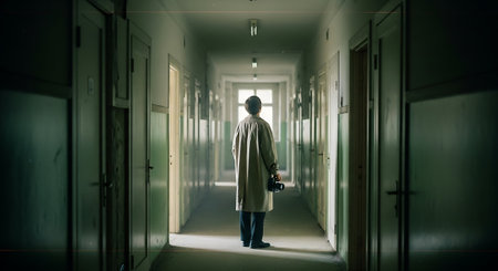 Rear view of a man in a long corridor with a cameraの素材