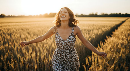 Beautiful young woman in a wheat field at sunset. Freedom concept.の素材
