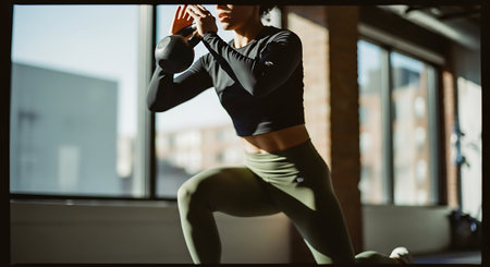 Young woman doing stretching exercise in a gym. Fitness, sport and healthy lifestyle concept.の素材