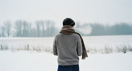 A young woman in a knitted sweater and hat stands in the middle of a snowy field.の素材
