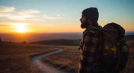 Hiking man with backpack on the top of a mountain at sunsetの素材