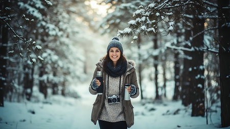 Beautiful young woman with a cup of coffee in the winter forestの素材