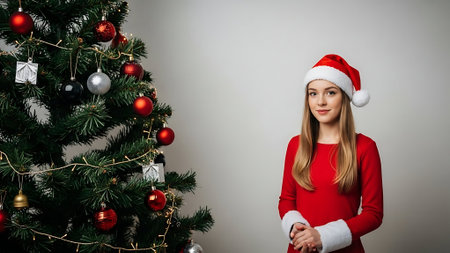 Beautiful young woman in santa claus hat near christmas treeの素材