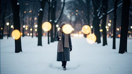 Young woman in winter park at night with lights on background. Beautiful girl in coat with a cup of coffee.の素材