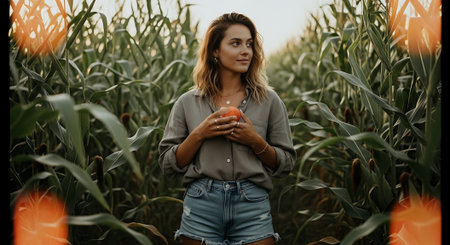 Beautiful young woman standing in a corn field and holding a cup of teaの素材
