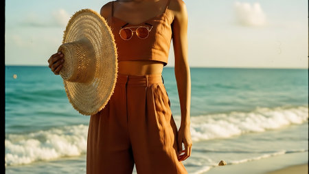 Young woman in orange dress and straw hat standing on the beach.の素材