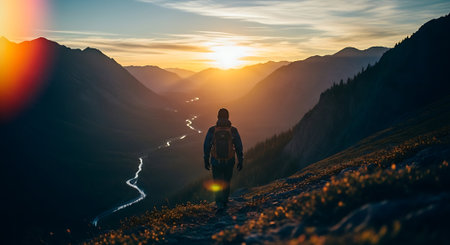 Man with backpack hiking in the mountains at sunset. Adventure and travel conceptの素材