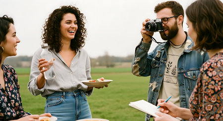 Group of friends having picnic in the park and taking photos with cameraの素材