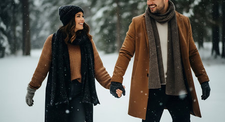 Happy young couple in warm clothes holding hands and walking in winter park.の素材