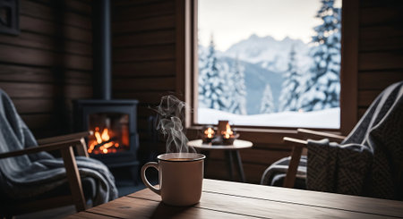 Cup of hot coffee on a wooden table in front of the fireplaceの素材