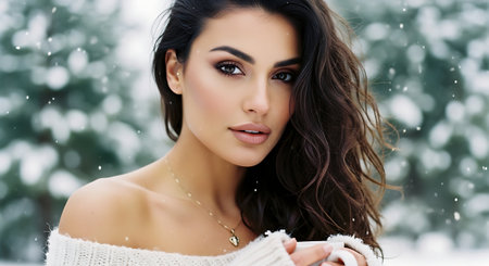 Beautiful young brunette woman in a white sweater on a winter backgroundの素材