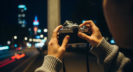 Woman taking photo of city at night with vintage camera. Focus on cameraの素材