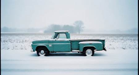 Old green pickup truck on a snowy field in winter, with trees in the backgroundの素材