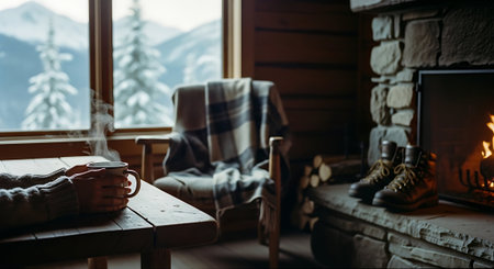 Man drinking hot coffee by the fireplace in a country house on a winter dayの素材