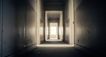 A long corridor in a dark room with light coming through the windowの素材