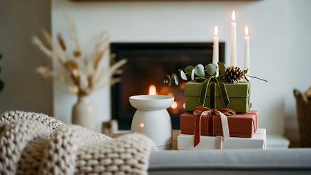 Christmas gifts on sofa in living room with fireplace. Christmas and New Year conceptの素材