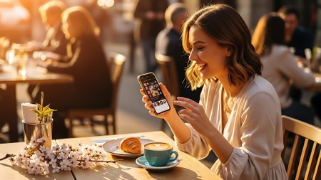 Image of a beautiful young happy woman outdoors in cafe using mobile phone.の素材