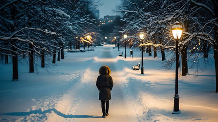 Woman walking in winter park at night with snow covered trees and lanternsの素材