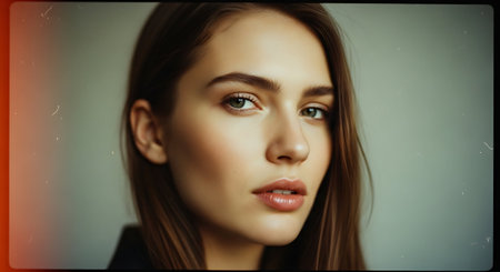 Portrait of beautiful young woman with green eyes looking at camera.の素材