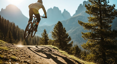 Cyclist Riding the Mountain Bike on the Trail in the Rocky Mountains. Extreme Sport Concept.の素材