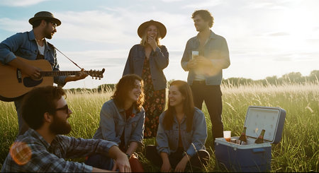 Group of friends having picnic in the meadow, playing guitar and singingの素材