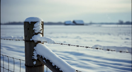 Fence covered with snow and a car on the horizon in winterの素材
