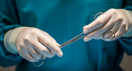 Surgeon's hands holding a surgical instrument (selective focus)の素材