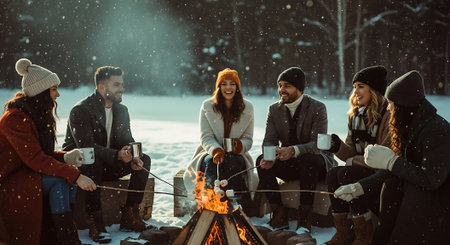 Group of friends sitting near bonfire and drinking tea in winter forestの素材