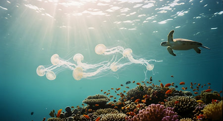 Sea Turtle and Jellyfish Gliding Over Vibrant Coral Reefの素材