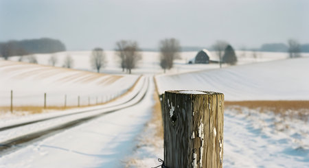 Wooden post on a snow covered field with a farm in the backgroundの素材