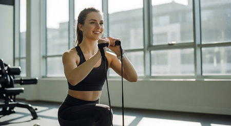Attractive young woman working out with a resistance band in a gymの素材