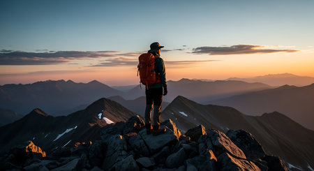 Hiker standing on top of a mountain and enjoying the beautiful sunsetの素材
