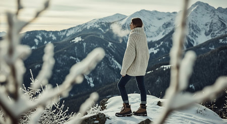 Young woman standing on top of a snowy mountain and enjoying the viewの素材