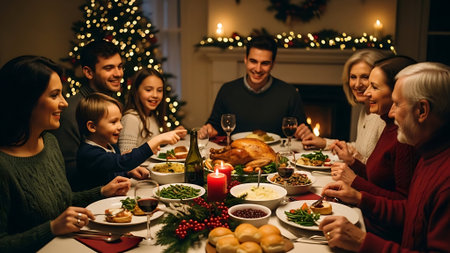 happy family having christmas dinner at home on christmas tree backgroundの素材