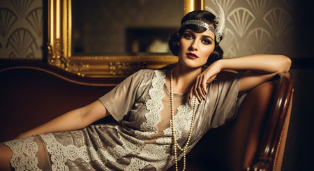 Fashion shot of a beautiful young woman in a vintage interior.の素材