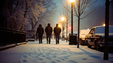 A group of people walking in the snow at night in winter.の素材