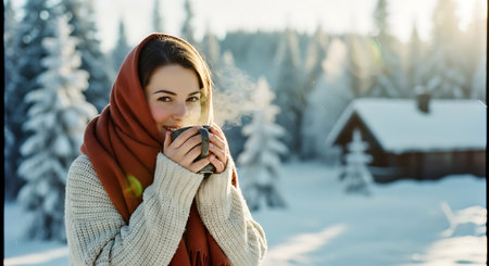 Beautiful girl in a scarf with a cup of hot drink in the winter forestの素材