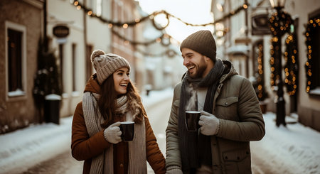 Couple in warm clothes drinking coffee and smiling while walking on the streetの素材