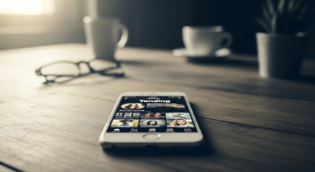 Smartphone screen mockup on wooden table with coffee cup and glassesの素材