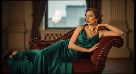 Beautiful young woman in a green evening dress sitting on an armchair in the vintage interiorの素材