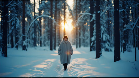 Woman walking in the winter forest at sunset. 3D Renderingの素材