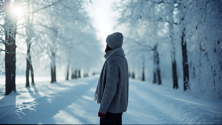 A young woman is walking in the winter forest. The girl is dressed in a warm sweater and hat.の素材